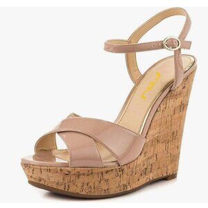 FSJ Nude Peep Toe Platform Sandals Cork Wedge High Heel Ankle Strap Party Shoes